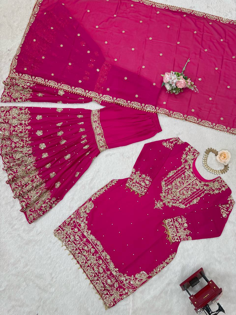 Designer Faux Georgette Top with Sharara & Embroidered Dupatta Set