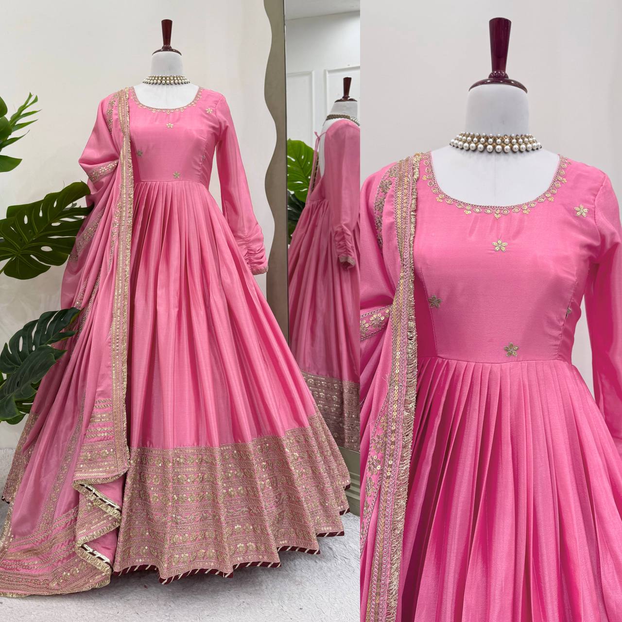 Elegant Chinon Embroidered Top with Pant & Dupatta Set