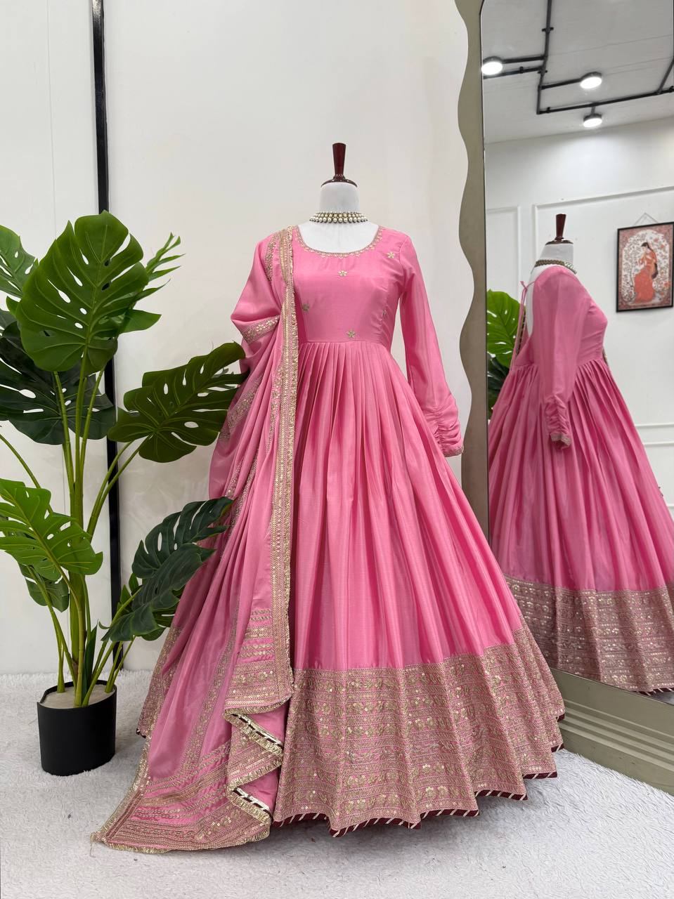 Elegant Chinon Embroidered Top with Pant & Dupatta Set