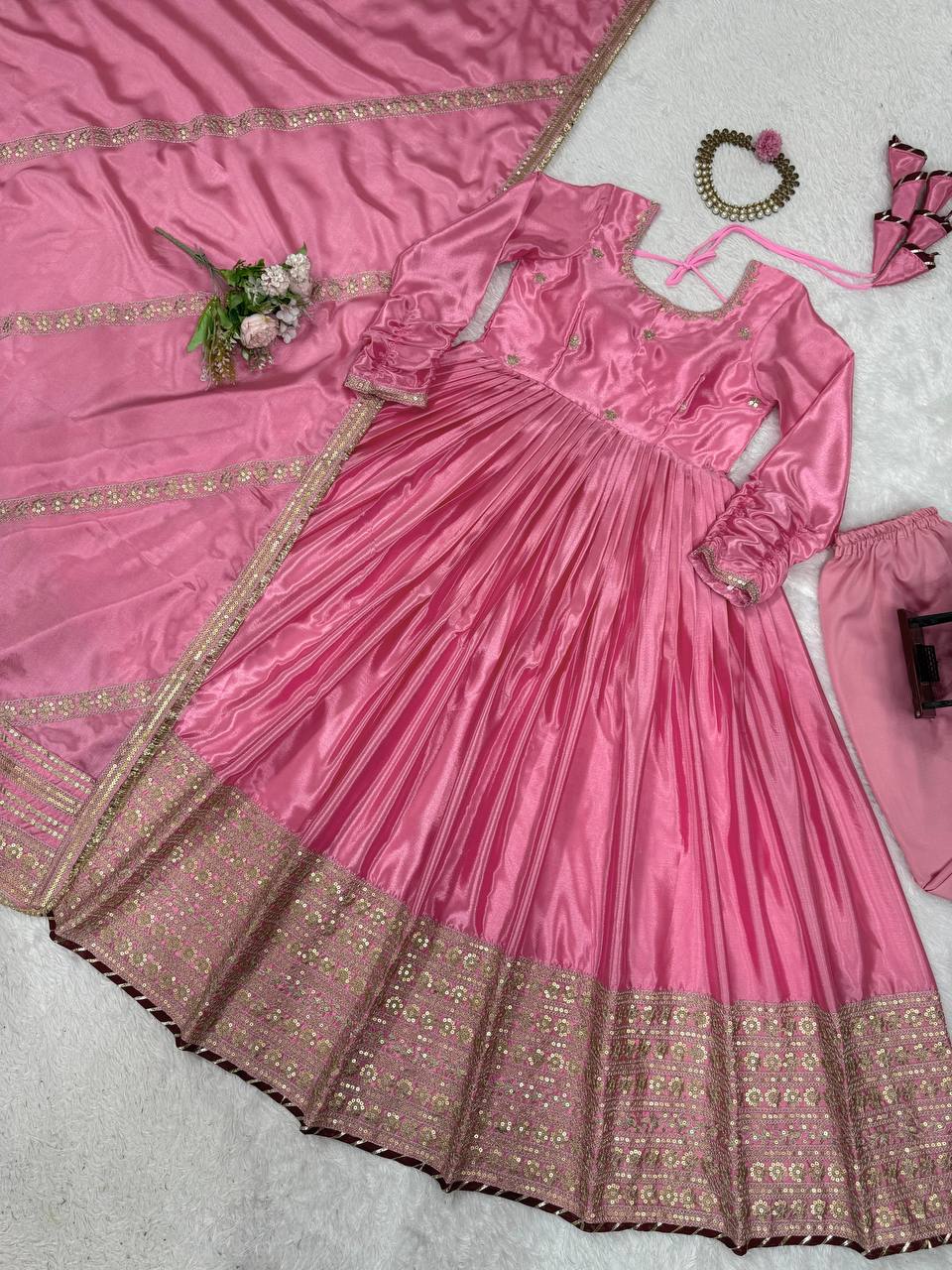Elegant Chinon Embroidered Top with Pant & Dupatta Set