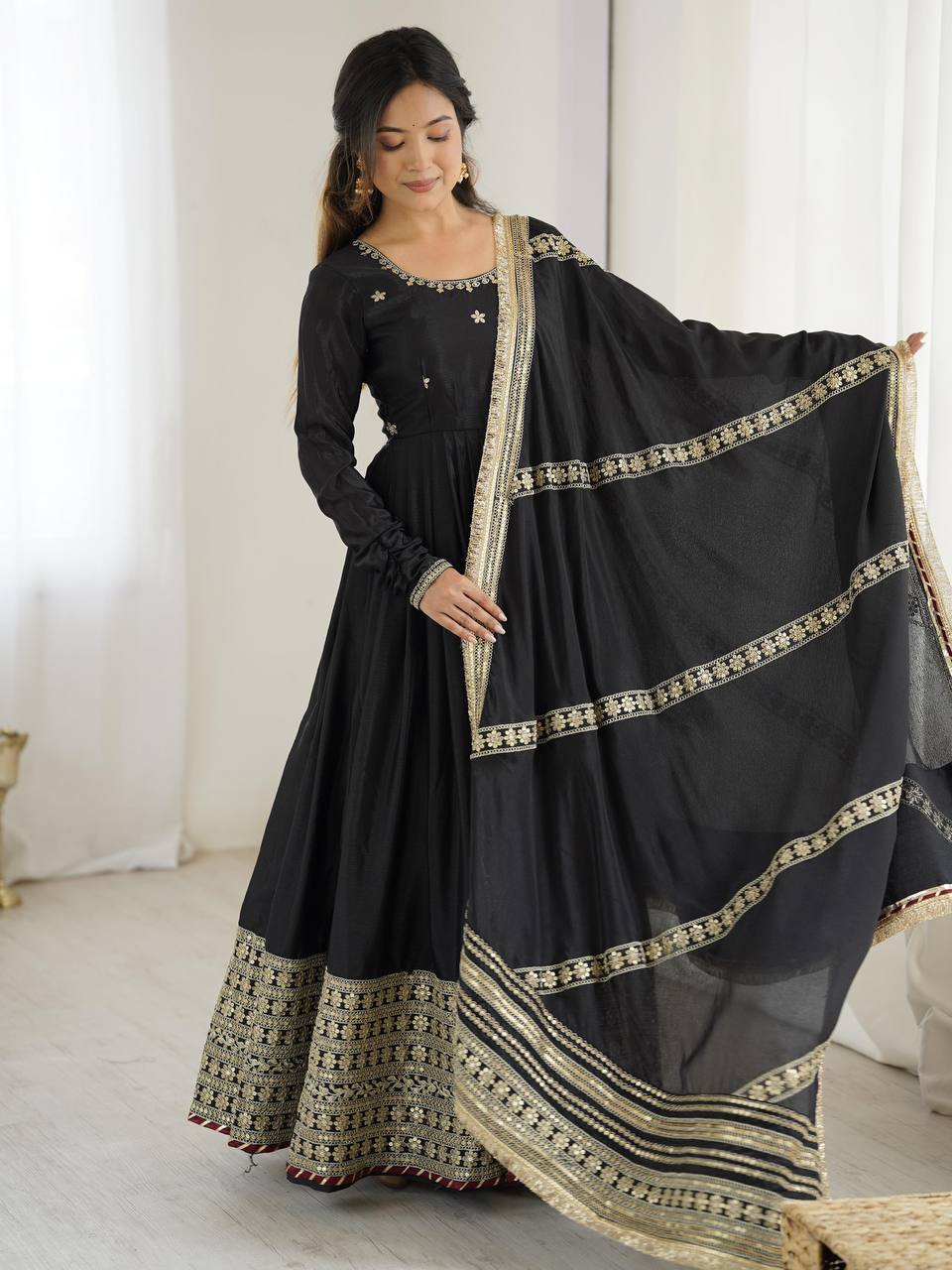 Elegant Chinon Embroidered Top with Pant & Dupatta Set