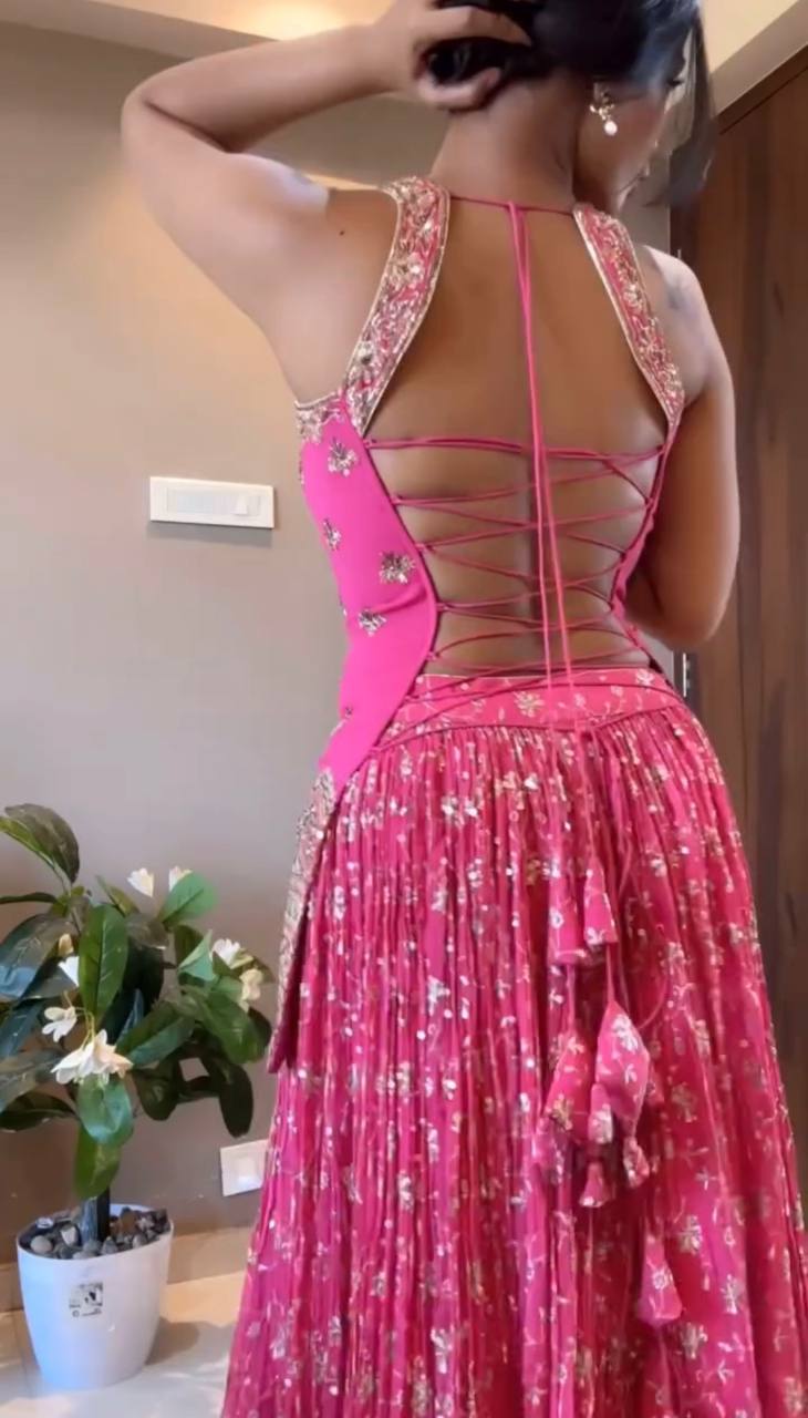 Designer Chinon Silk Lehenga Set with Embroidered Top & Lace Border Dupatta