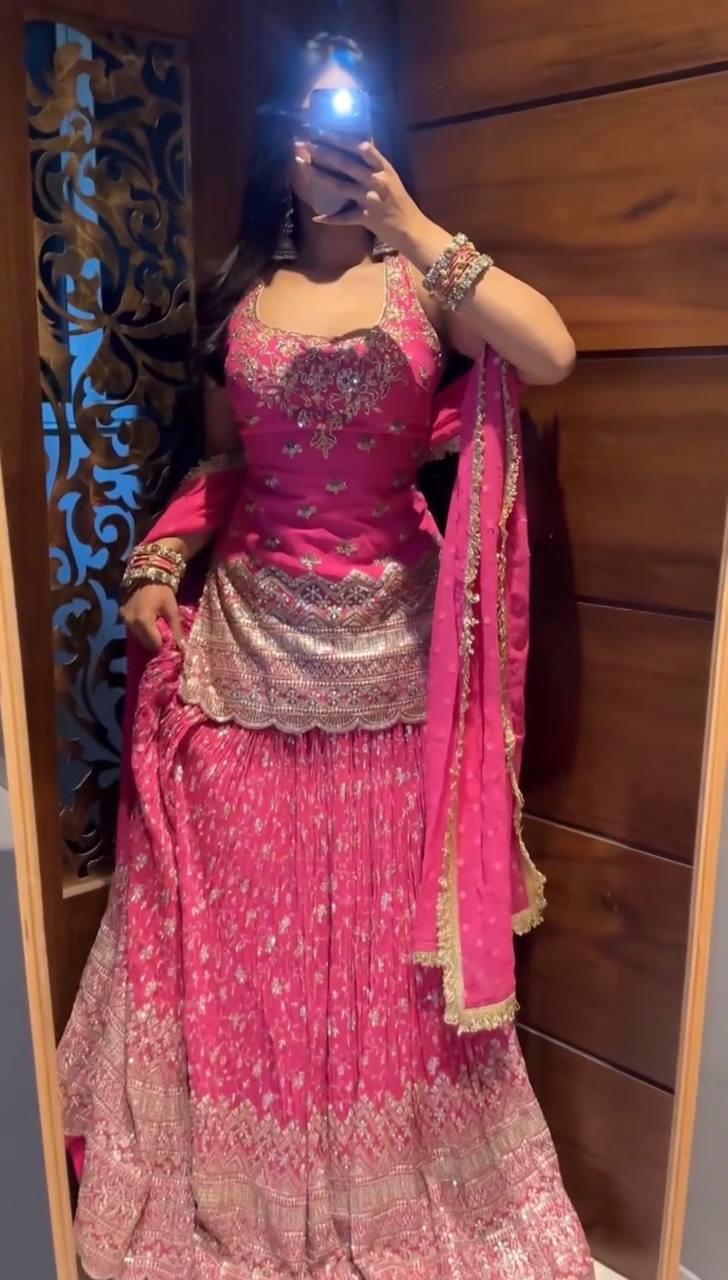 Designer Chinon Silk Lehenga Set with Embroidered Top & Lace Border Dupatta