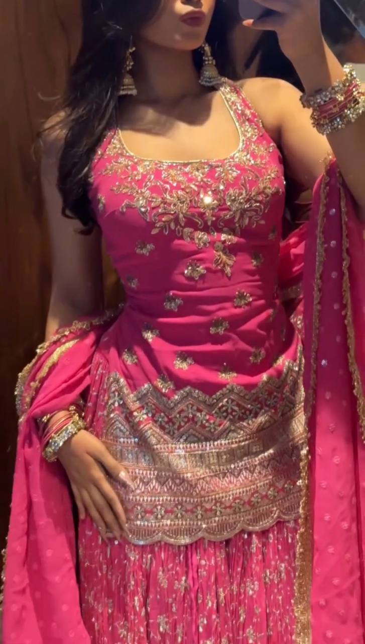Designer Chinon Silk Lehenga Set with Embroidered Top & Lace Border Dupatta