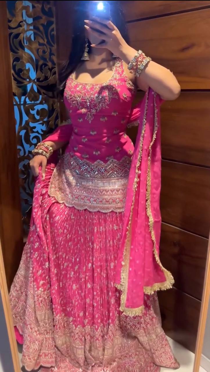 Designer Chinon Silk Lehenga Set with Embroidered Top & Lace Border Dupatta