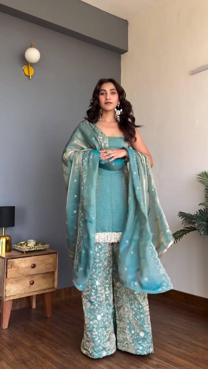 Premium Fendy Silk Embroidered Top with Palazzo & Dupatta Set