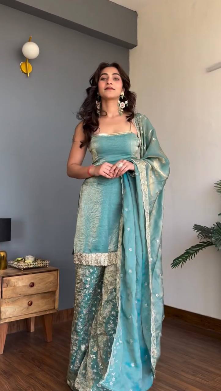 Premium Fendy Silk Embroidered Top with Palazzo & Dupatta Set