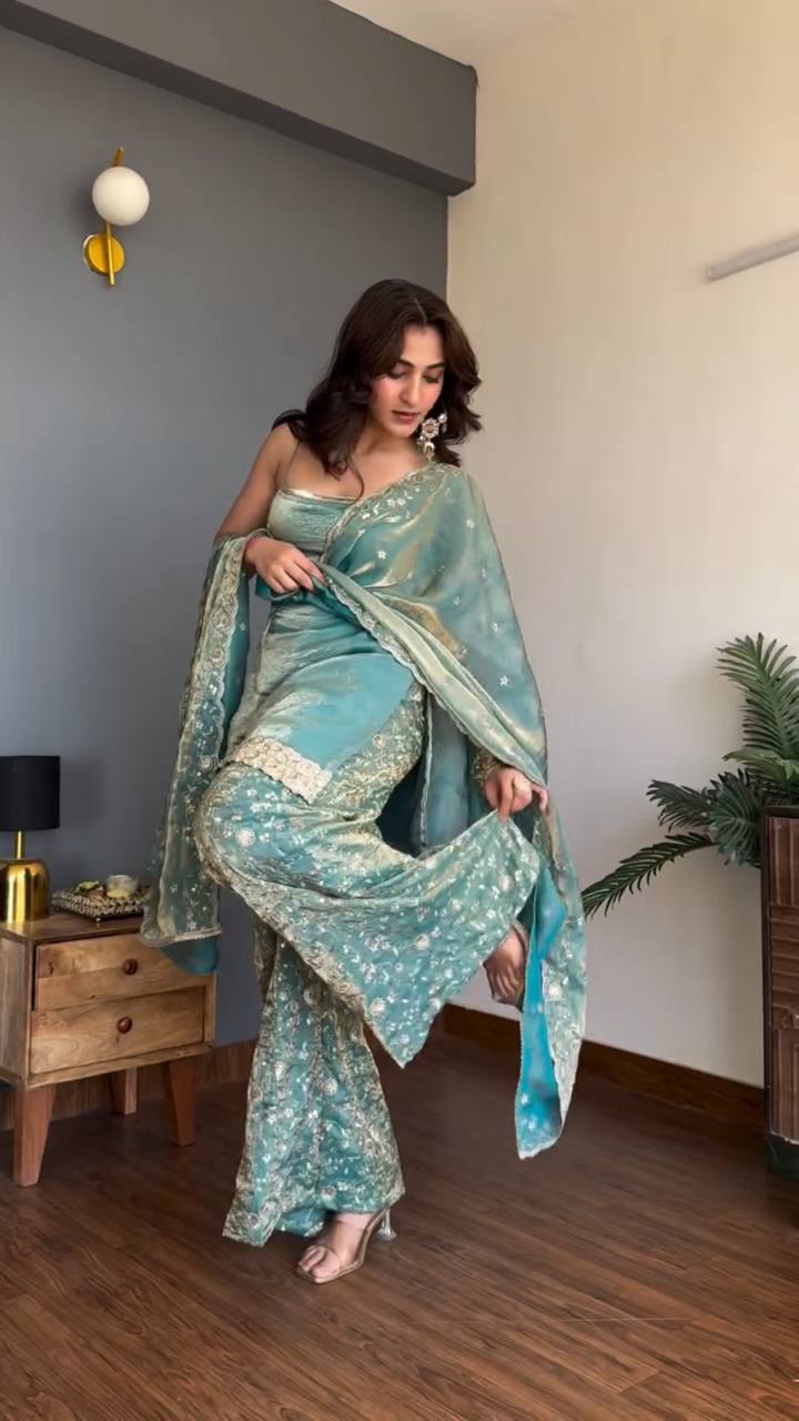 Premium Fendy Silk Embroidered Top with Palazzo & Dupatta Set