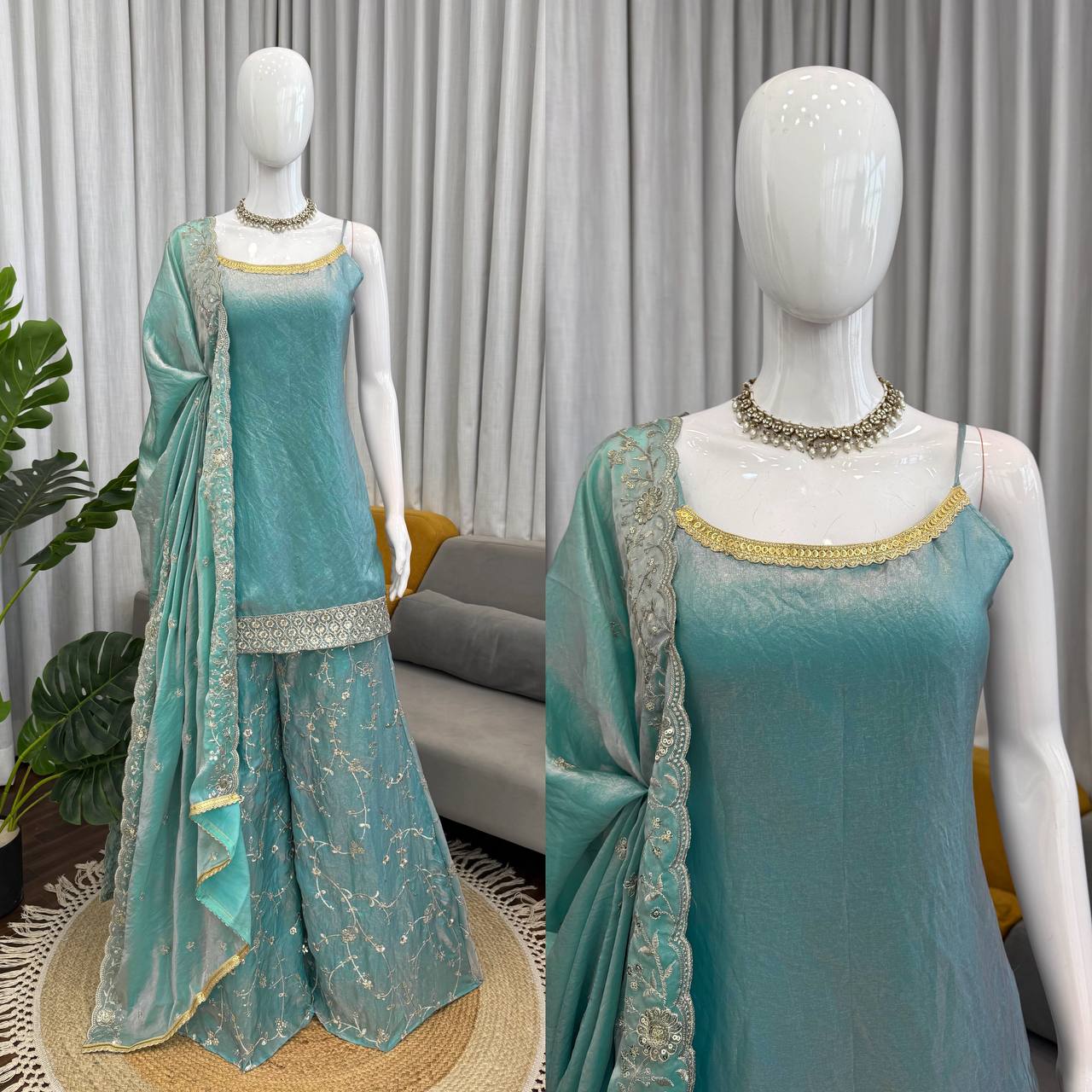 Premium Fendy Silk Embroidered Top with Palazzo & Dupatta Set