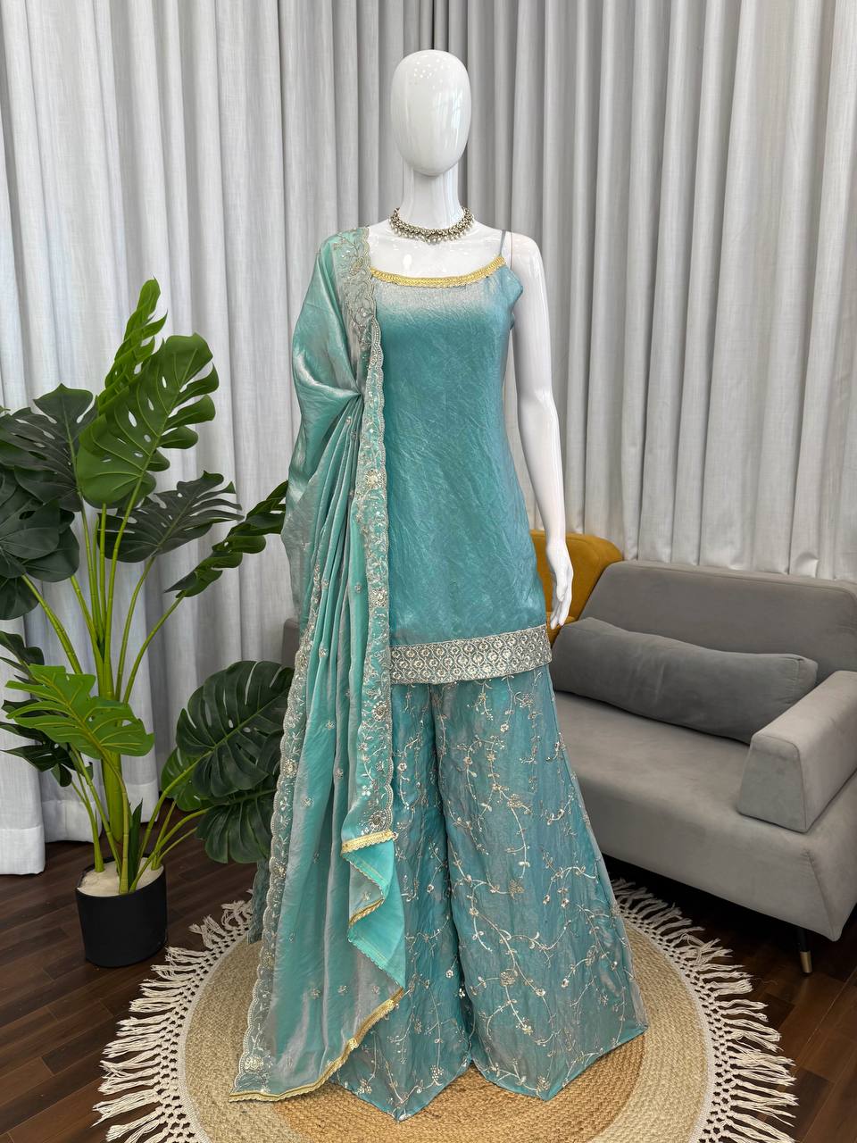 Premium Fendy Silk Embroidered Top with Palazzo & Dupatta Set
