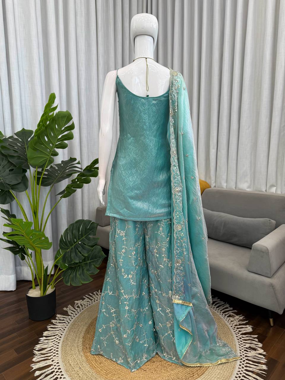 Premium Fendy Silk Embroidered Top with Palazzo & Dupatta Set