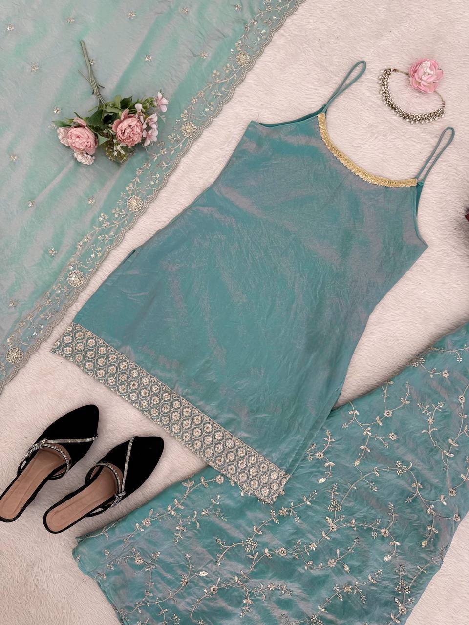 Premium Fendy Silk Embroidered Top with Palazzo & Dupatta Set