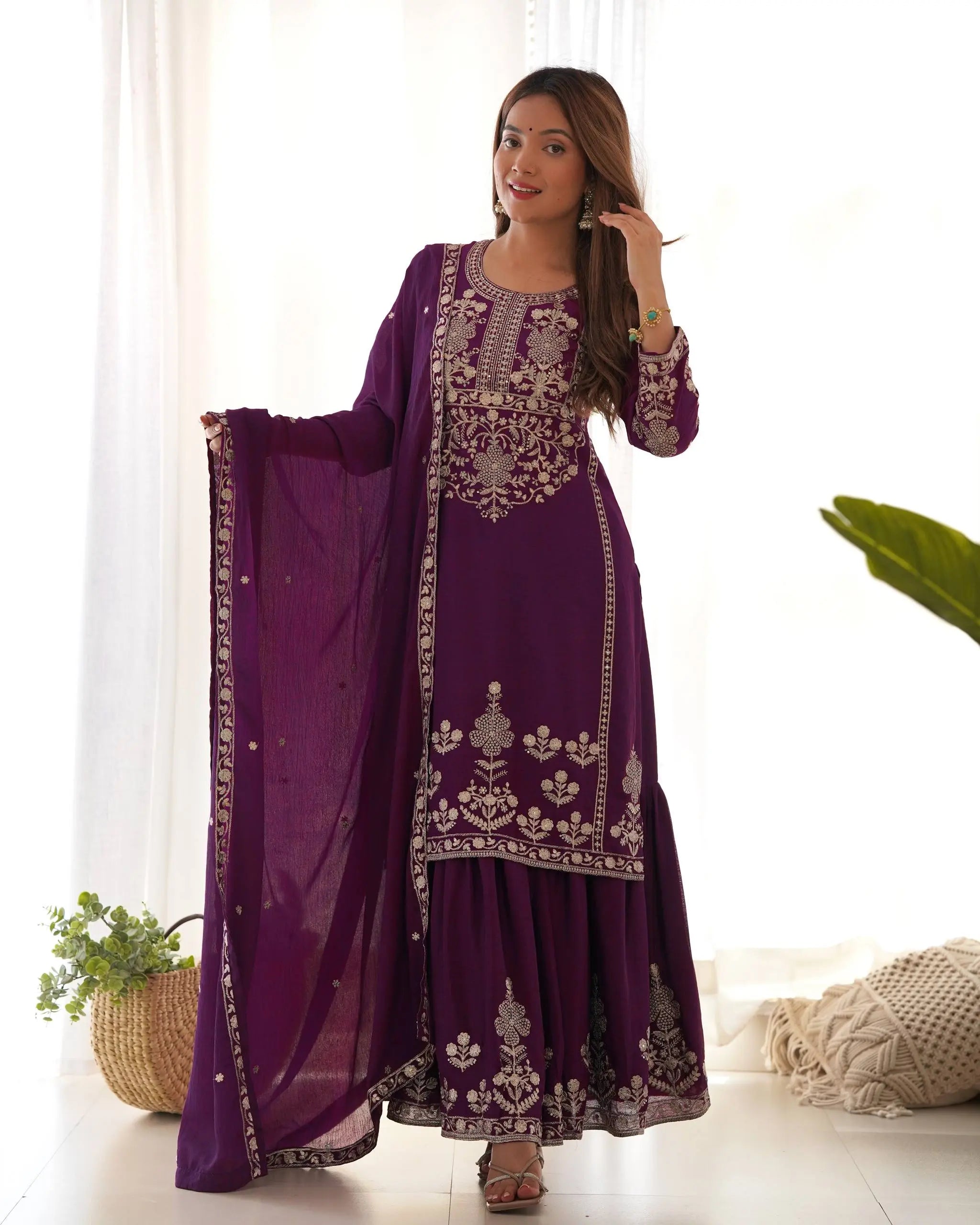 Designer Chinon Silk Kediya Kurta with Sharara & Embroidered Dupatta Set