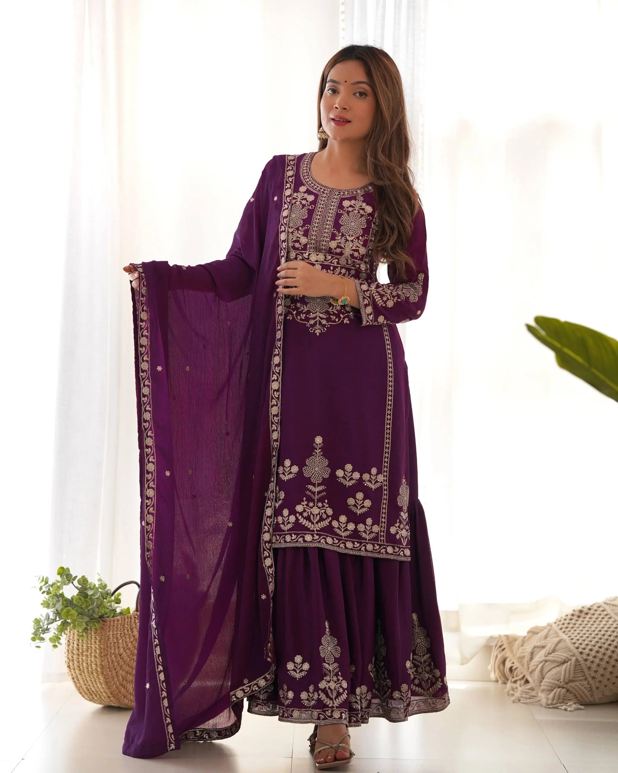 Designer Chinon Silk Kediya Kurta with Sharara & Embroidered Dupatta Set