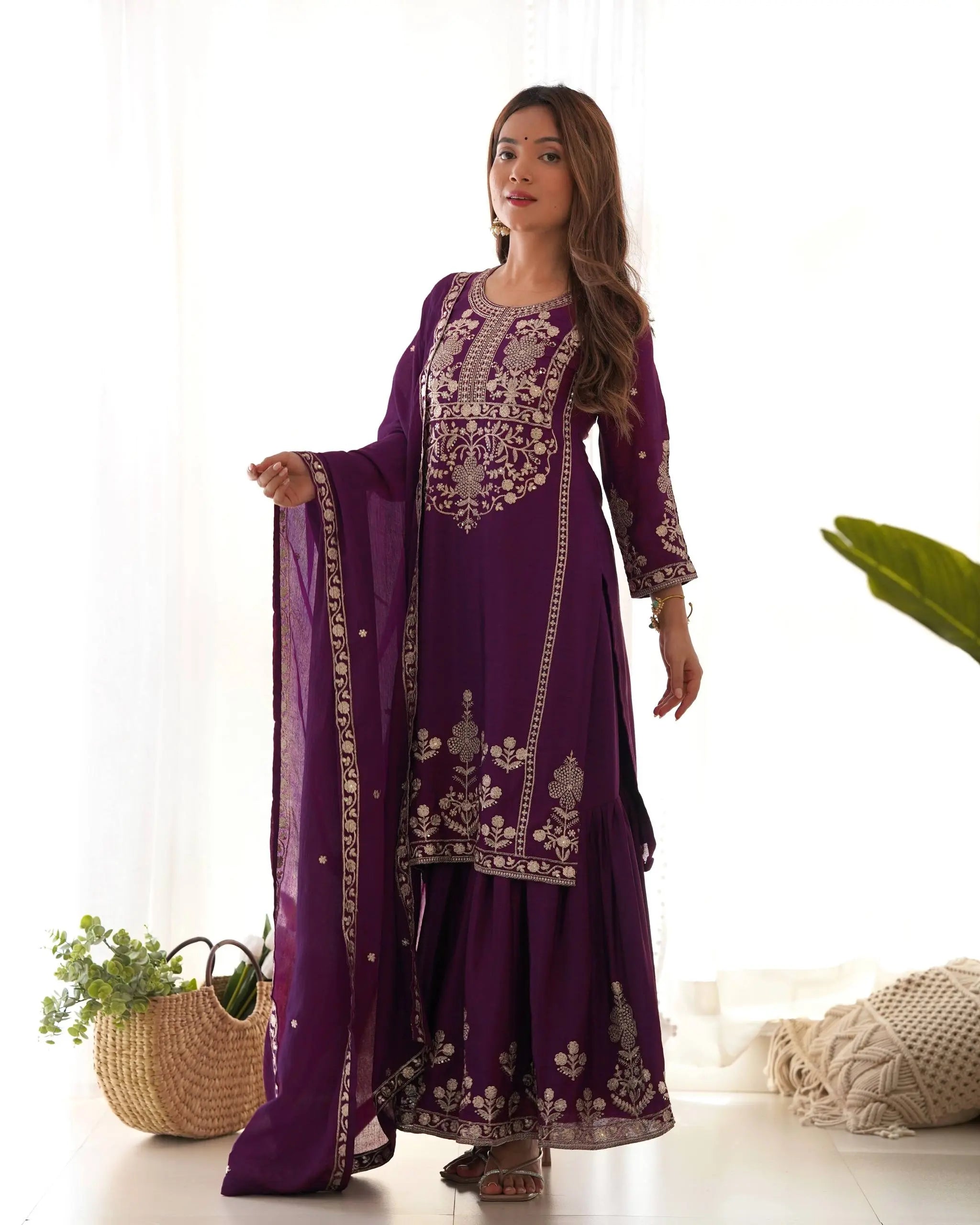 Designer Chinon Silk Kediya Kurta with Sharara & Embroidered Dupatta Set