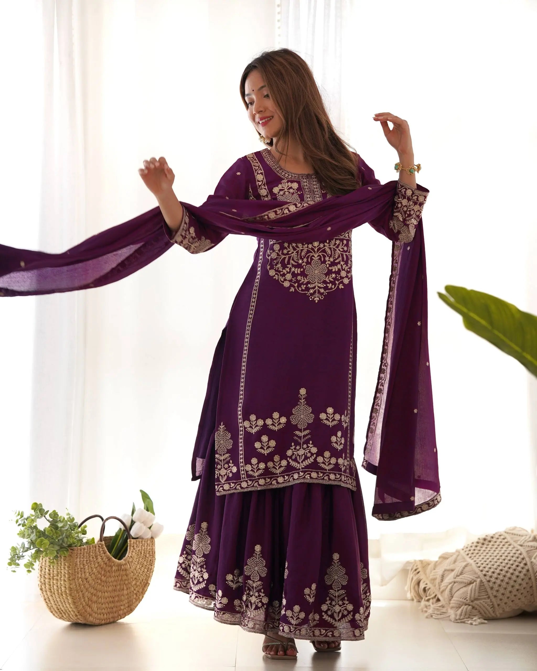 Designer Chinon Silk Kediya Kurta with Sharara & Embroidered Dupatta Set