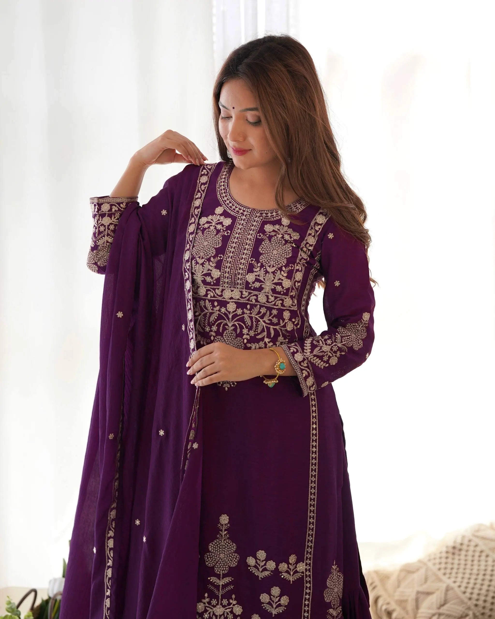 Designer Chinon Silk Kediya Kurta with Sharara & Embroidered Dupatta Set