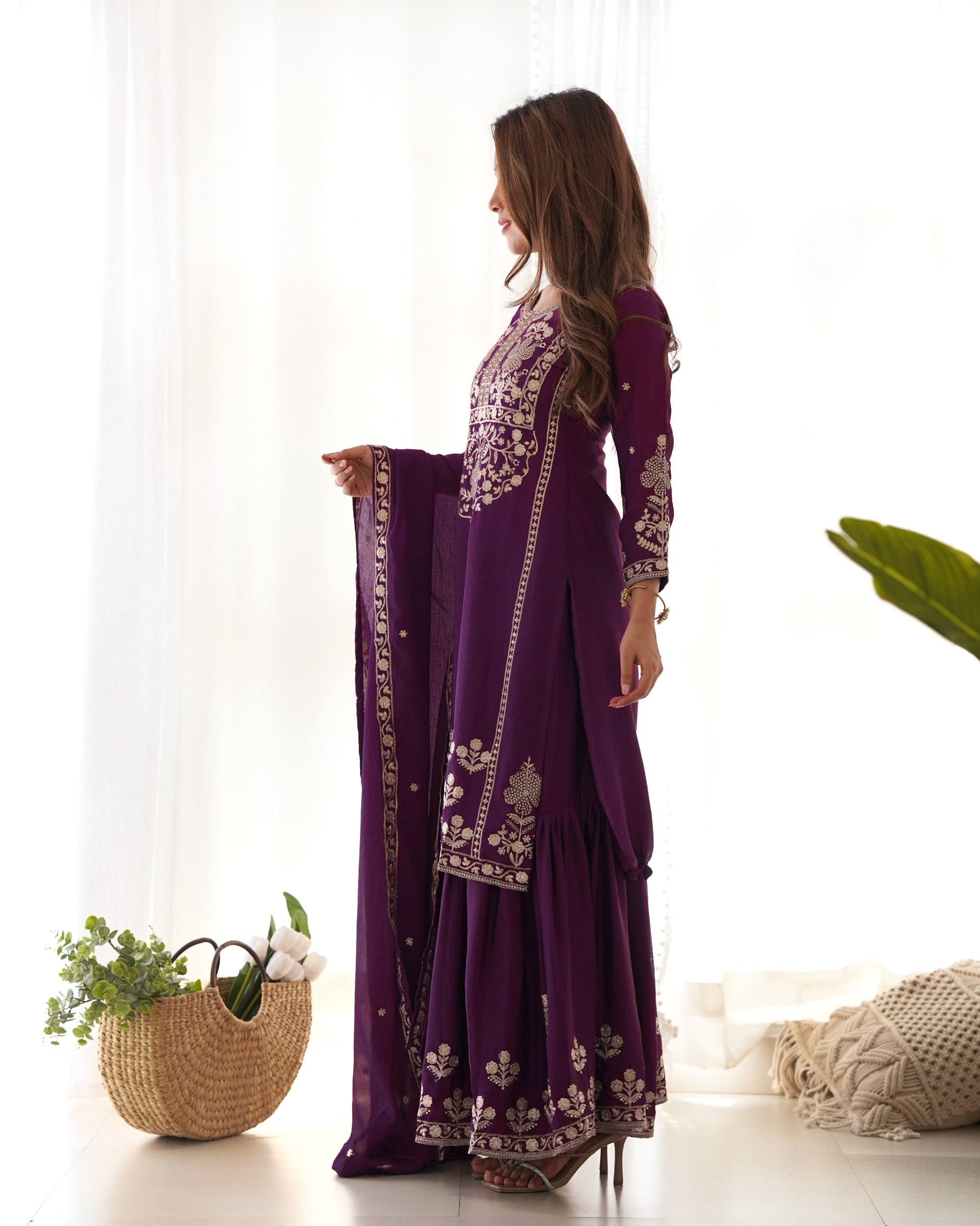 Designer Chinon Silk Kediya Kurta with Sharara & Embroidered Dupatta Set