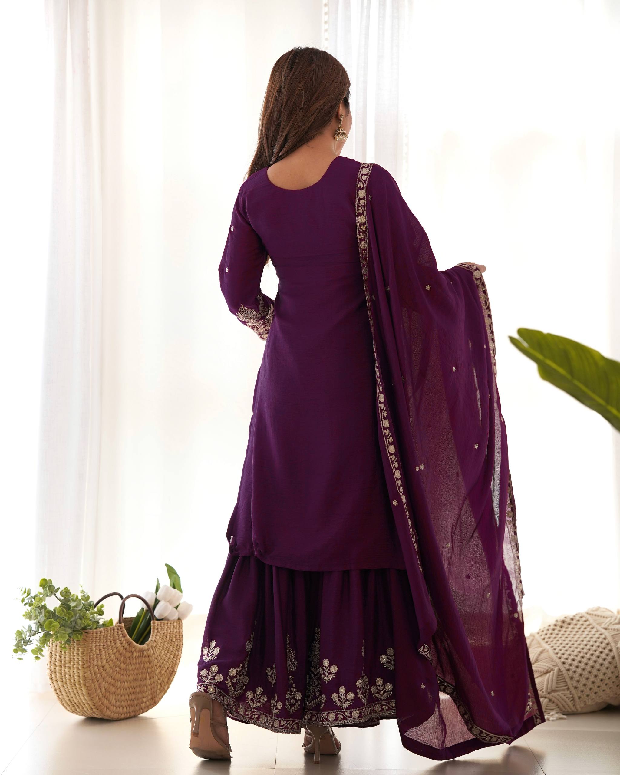 Designer Chinon Silk Kediya Kurta with Sharara & Embroidered Dupatta Set