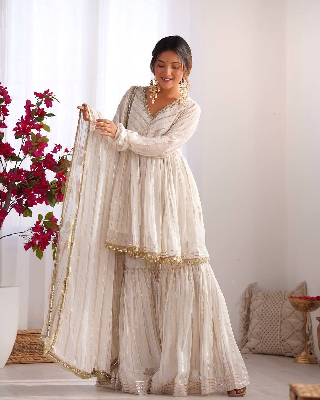 Elegant Mul Chanderi Mirror Work Top with Sharara Palazzo & Dupatta Set