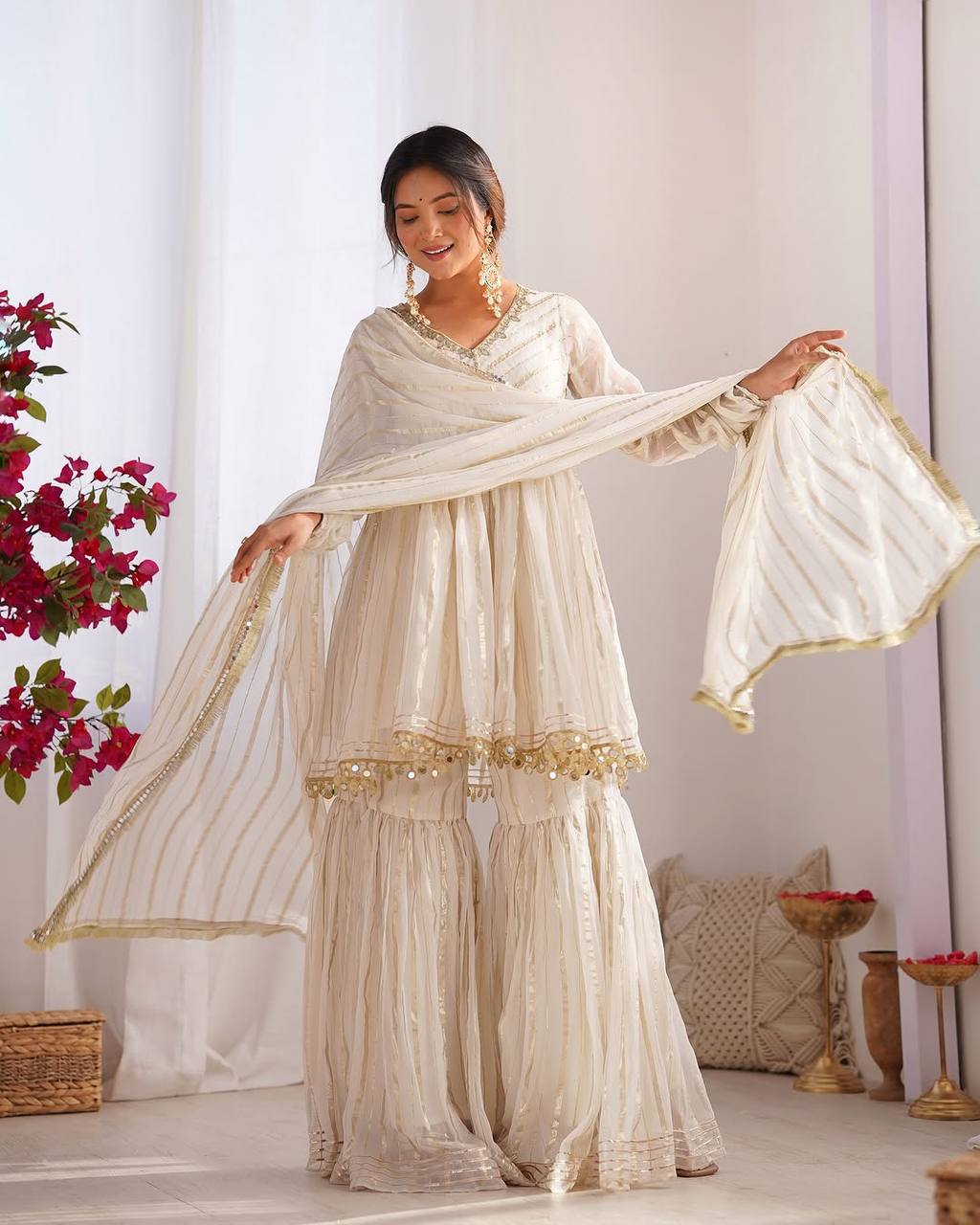 Elegant Mul Chanderi Mirror Work Top with Sharara Palazzo & Dupatta Set