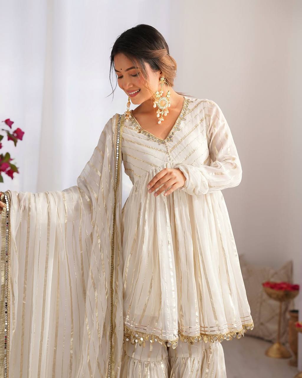 Elegant Mul Chanderi Mirror Work Top with Sharara Palazzo & Dupatta Set