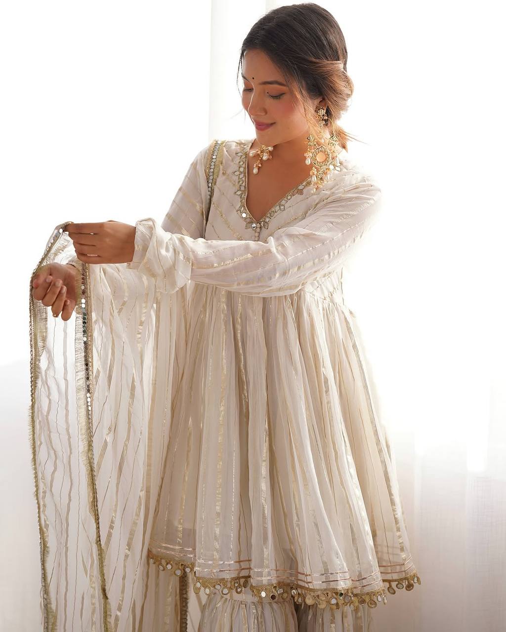 Elegant Mul Chanderi Mirror Work Top with Sharara Palazzo & Dupatta Set
