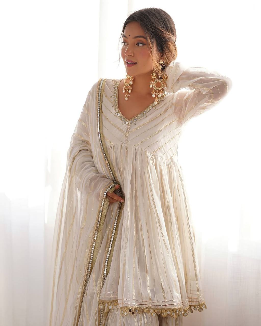 Elegant Mul Chanderi Mirror Work Top with Sharara Palazzo & Dupatta Set