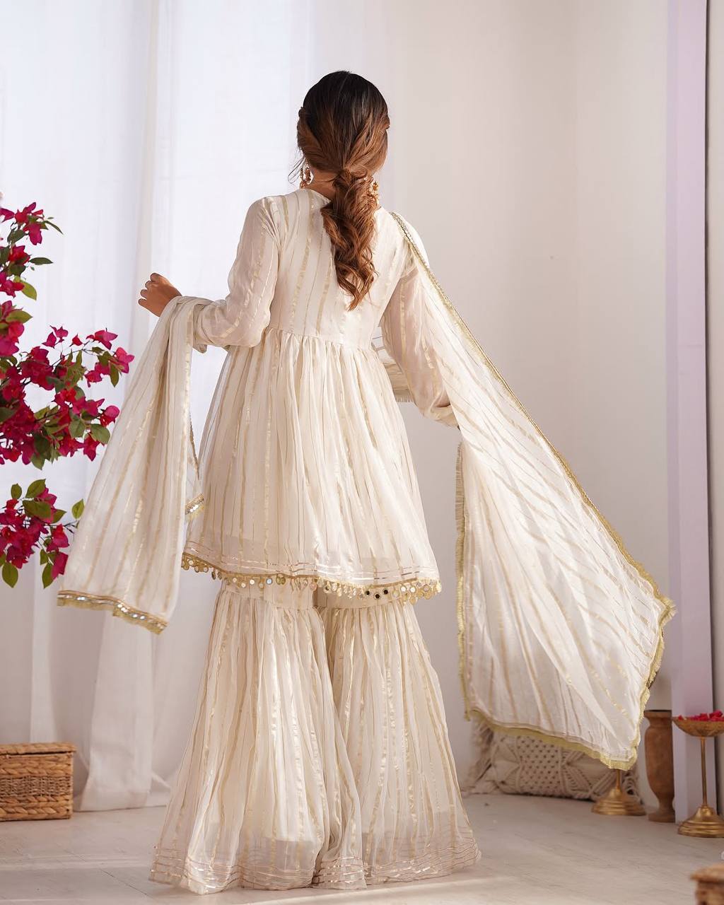Elegant Mul Chanderi Mirror Work Top with Sharara Palazzo & Dupatta Set