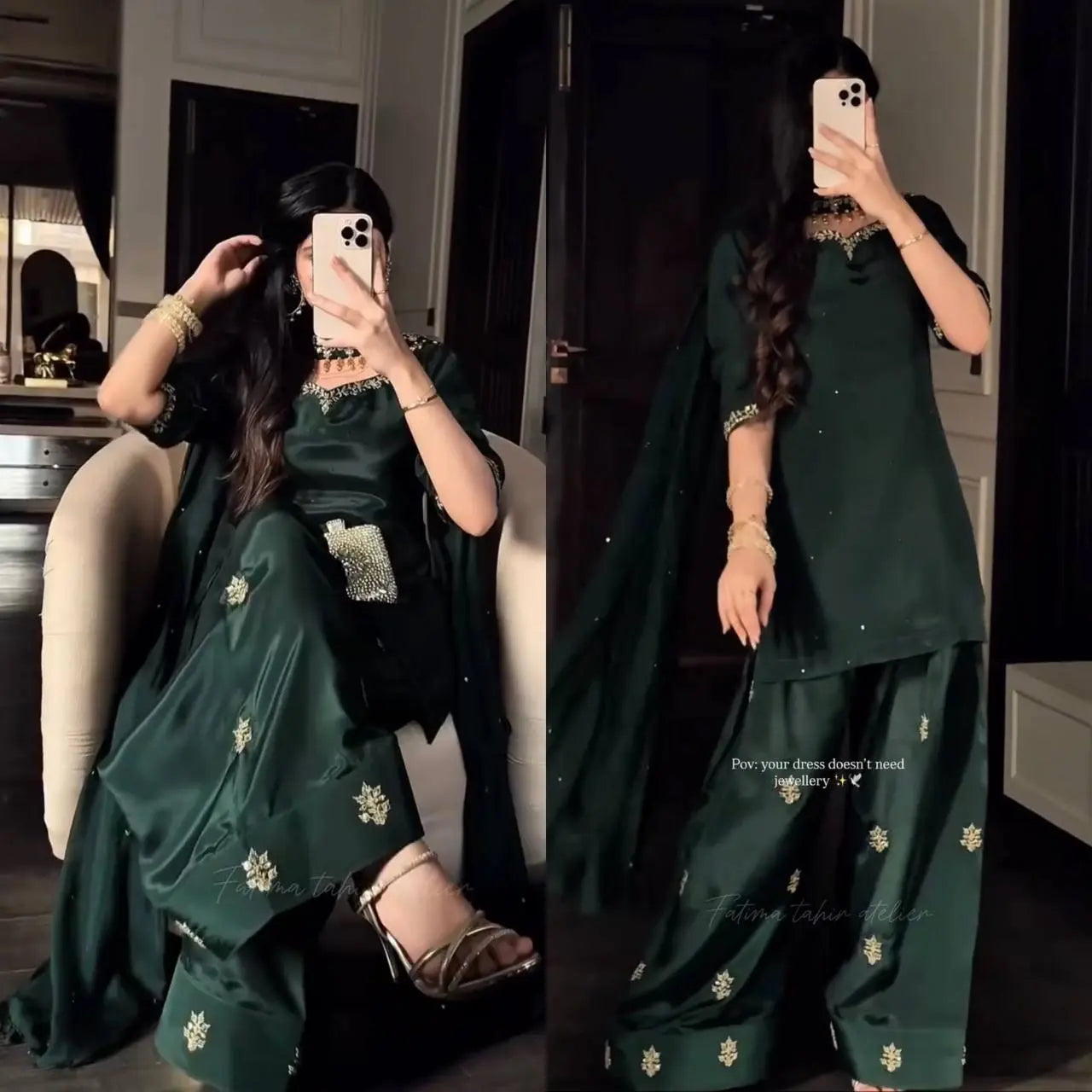 Designer Crepe Silk Top with Farshi Salwar & Organza Dupatta Set