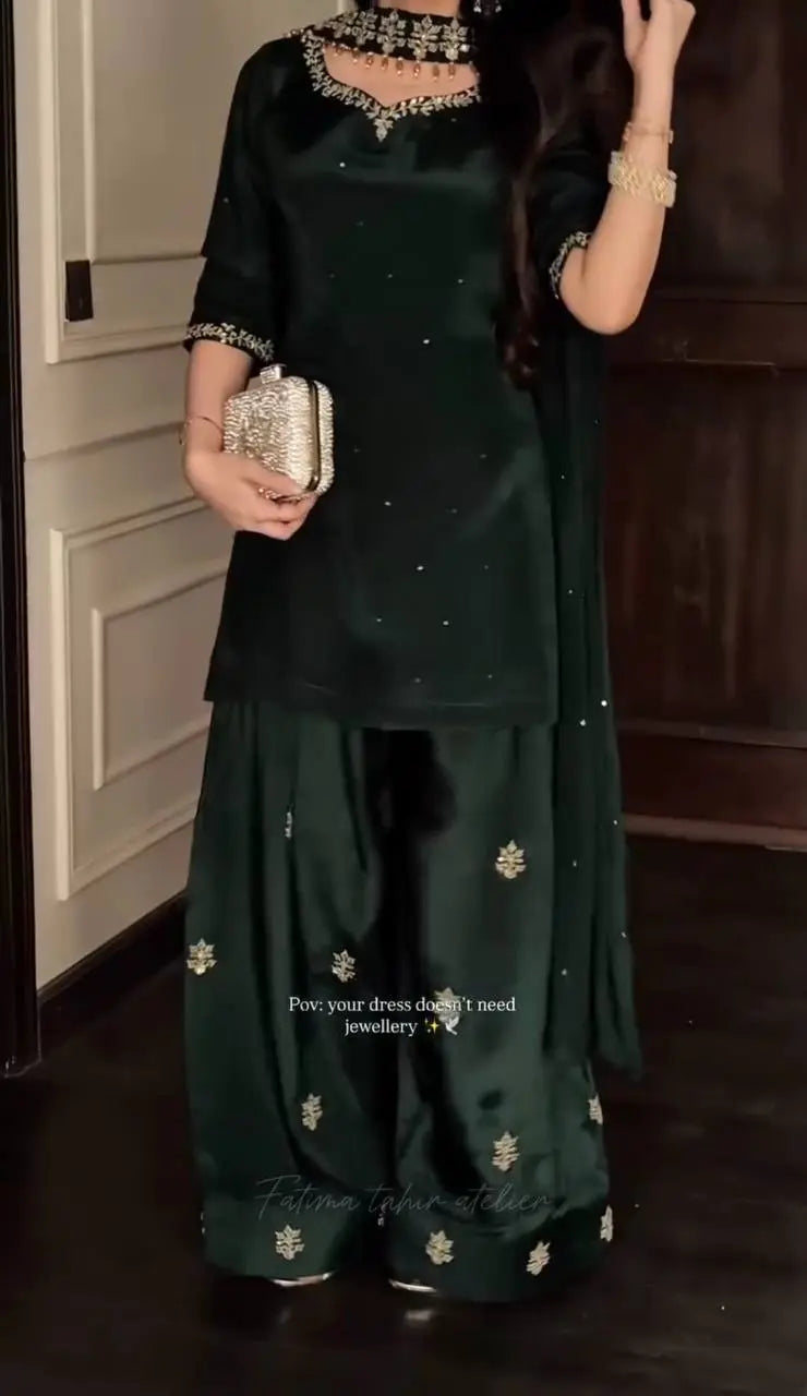 Designer Crepe Silk Top with Farshi Salwar & Organza Dupatta Set