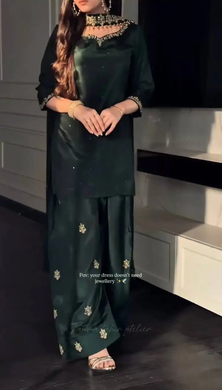 Designer Crepe Silk Top with Farshi Salwar & Organza Dupatta Set