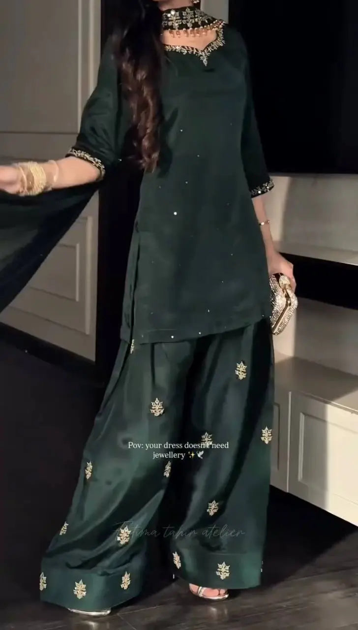 Designer Crepe Silk Top with Farshi Salwar & Organza Dupatta Set