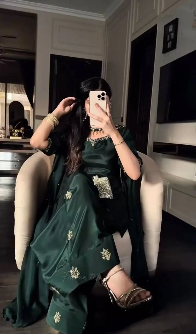 Designer Crepe Silk Top with Farshi Salwar & Organza Dupatta Set