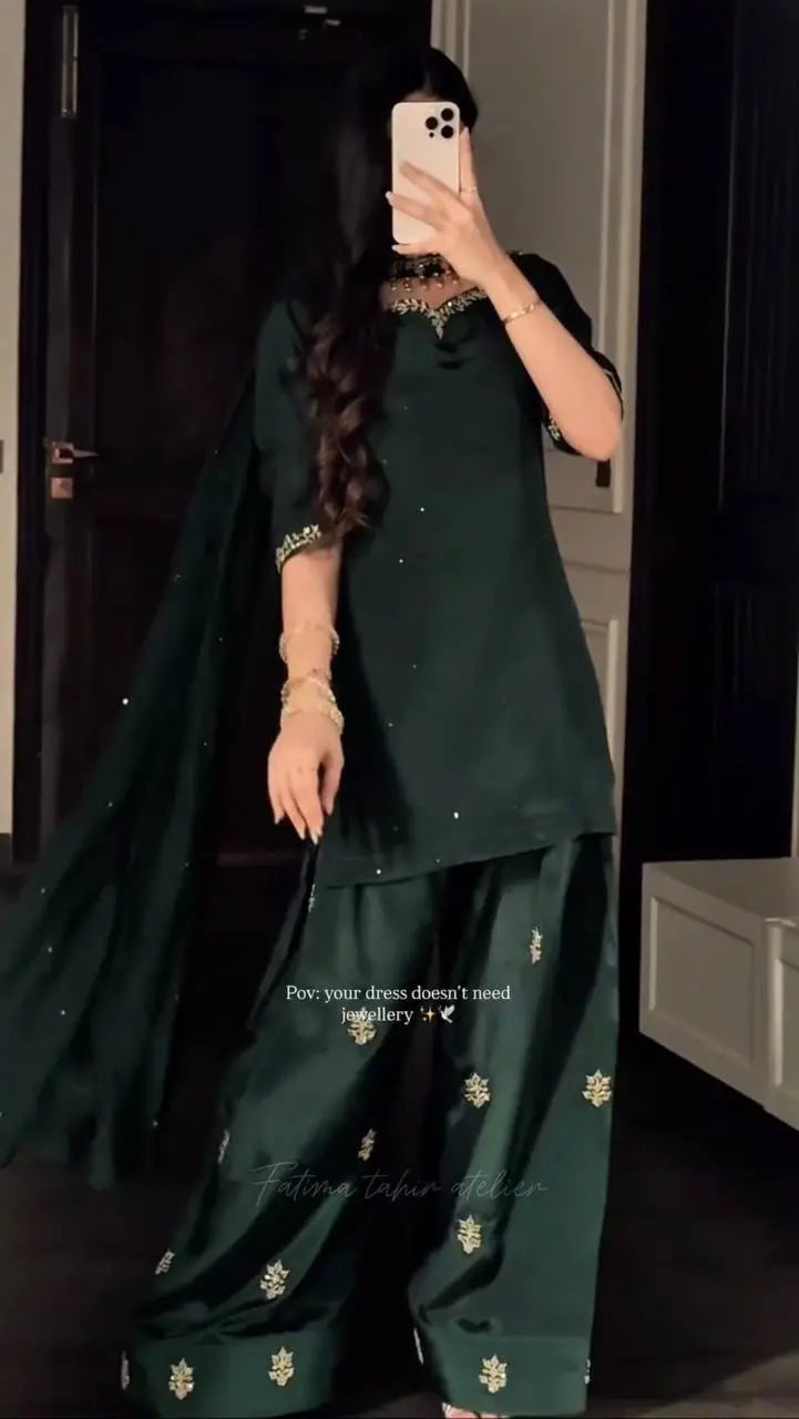 Designer Crepe Silk Top with Farshi Salwar & Organza Dupatta Set