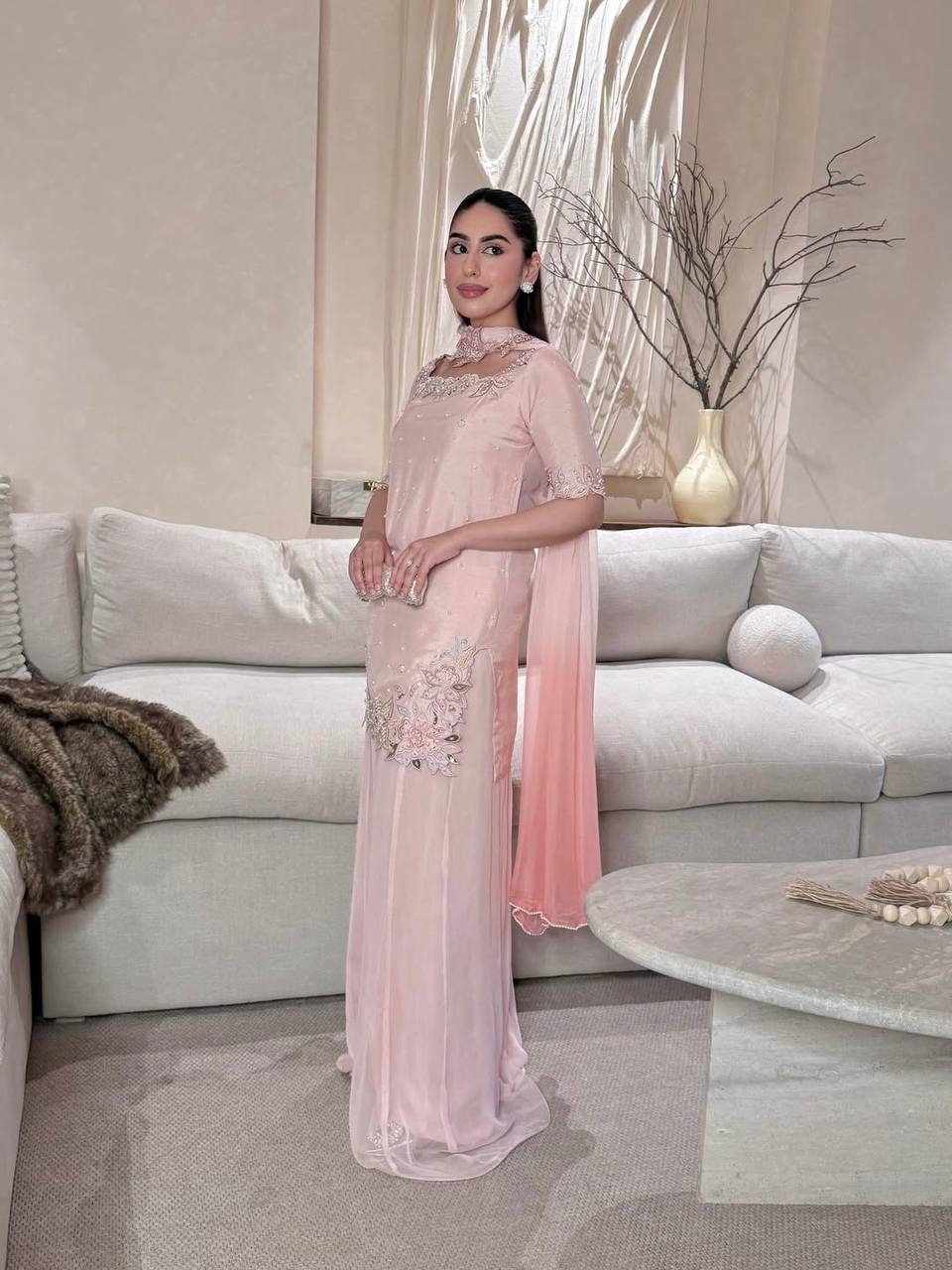 Premium Roman Glass Silk Sharara Suit with Beads & Moti Embroidery