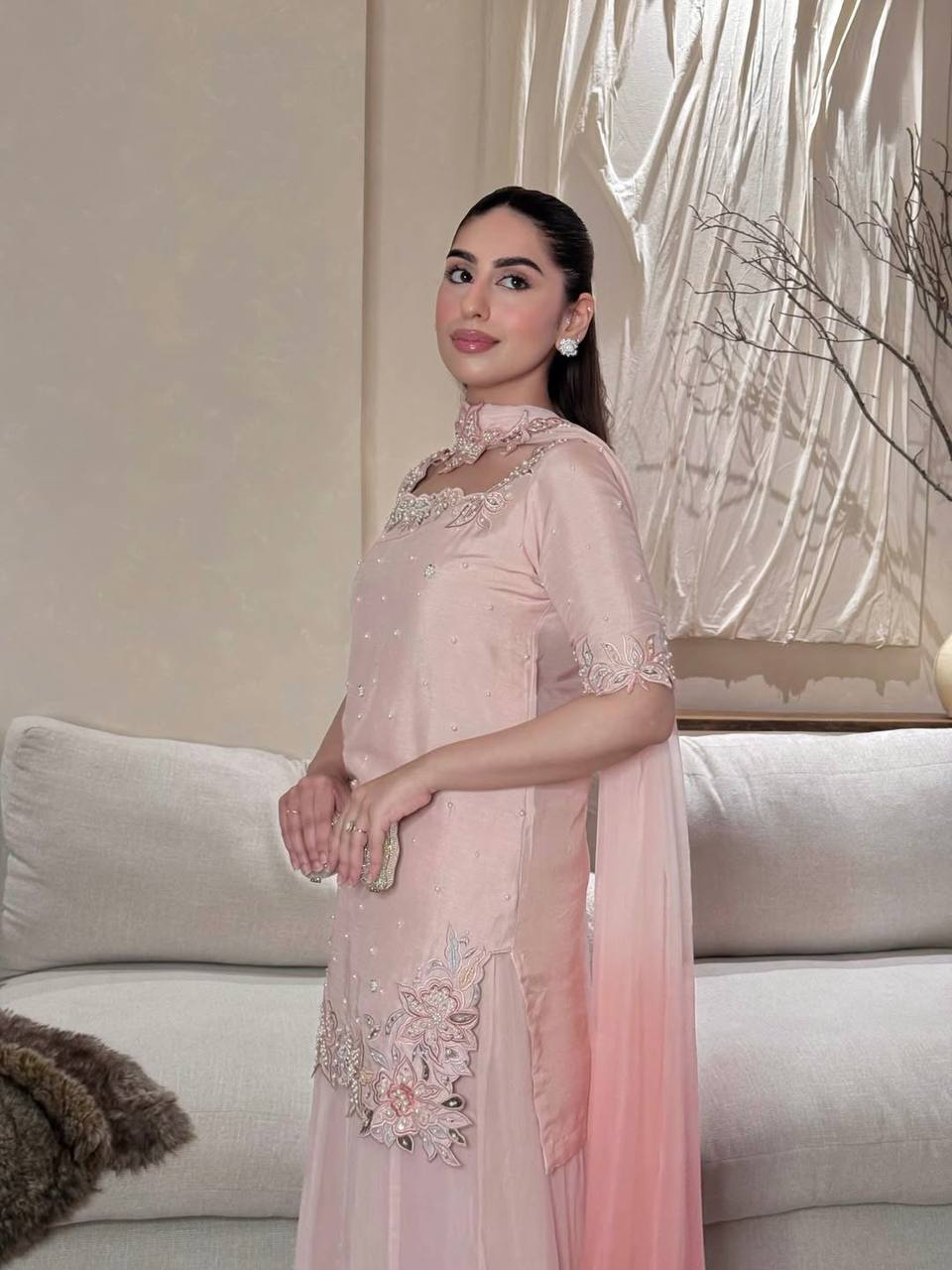 Premium Roman Glass Silk Sharara Suit with Beads & Moti Embroidery