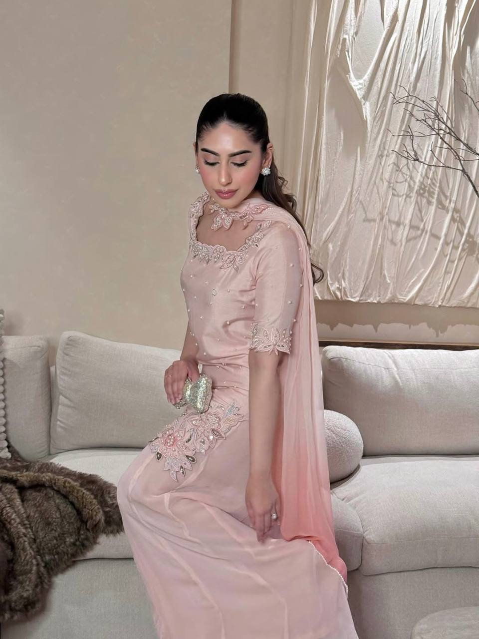 Premium Roman Glass Silk Sharara Suit with Beads & Moti Embroidery