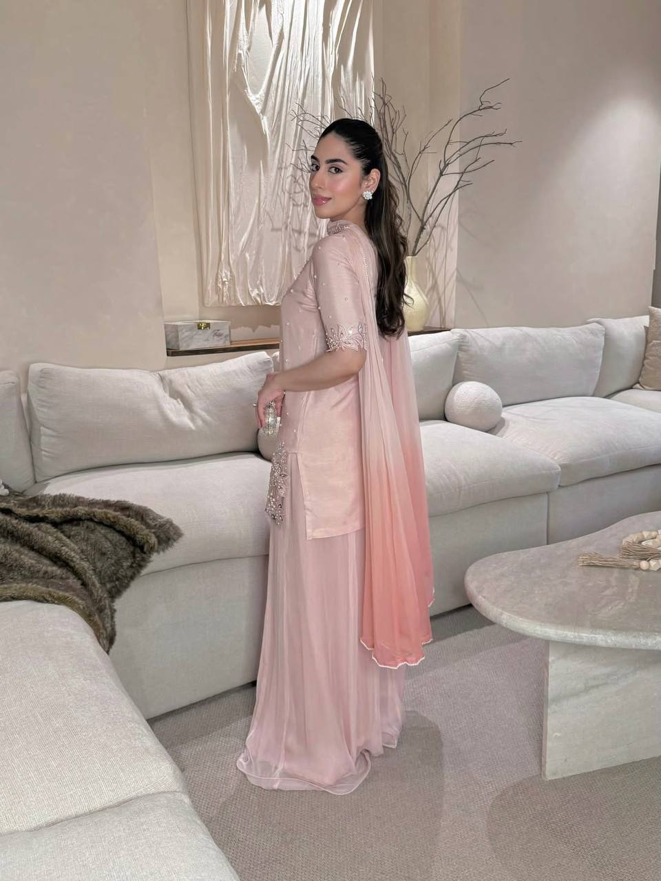 Premium Roman Glass Silk Sharara Suit with Beads & Moti Embroidery