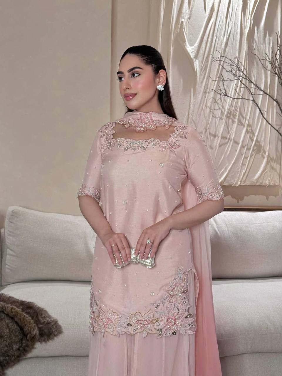 Premium Roman Glass Silk Sharara Suit with Beads & Moti Embroidery