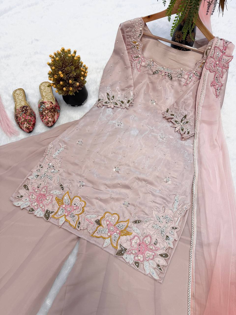 Premium Roman Glass Silk Sharara Suit with Beads & Moti Embroidery