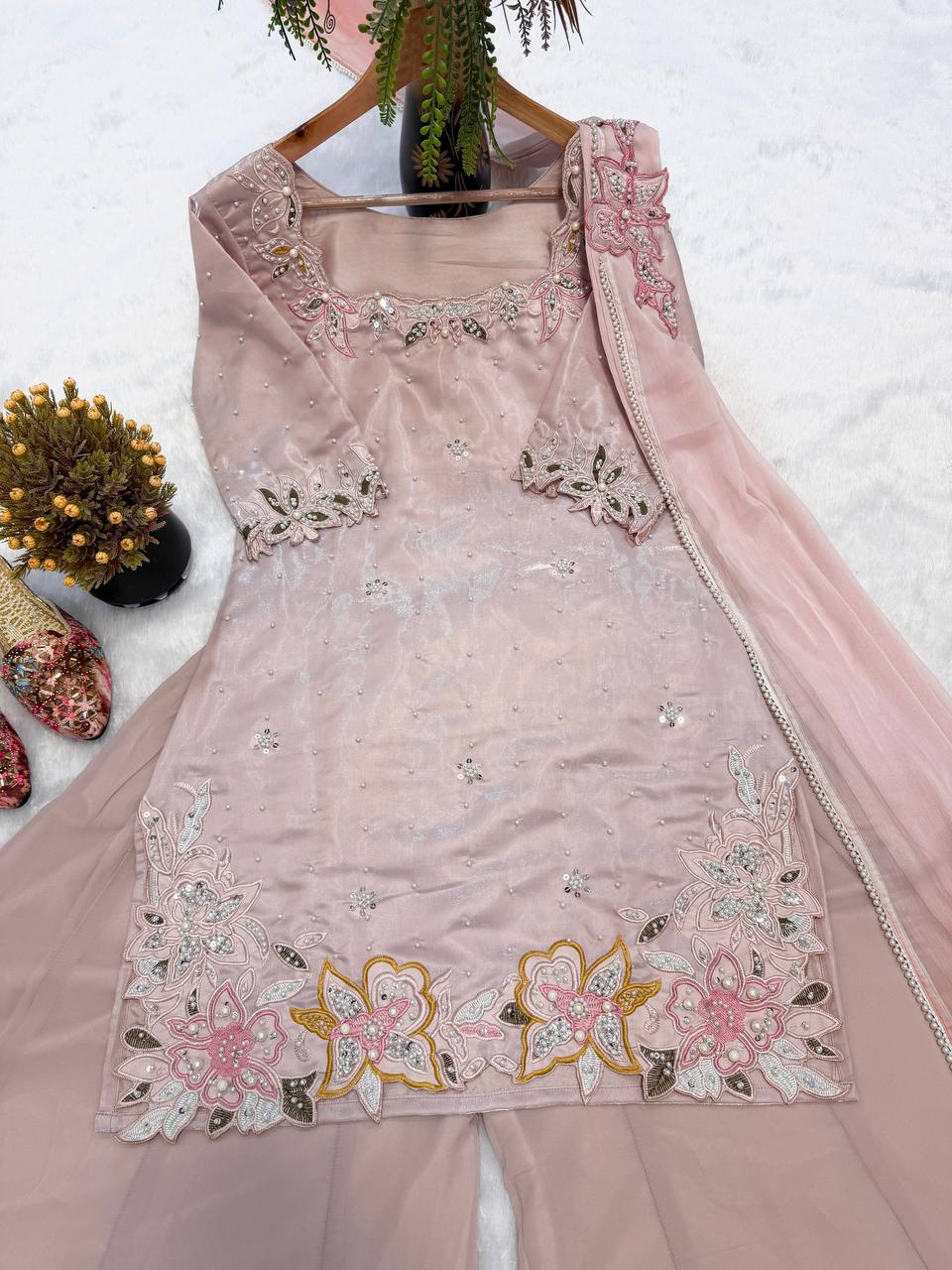 Premium Roman Glass Silk Sharara Suit with Beads & Moti Embroidery