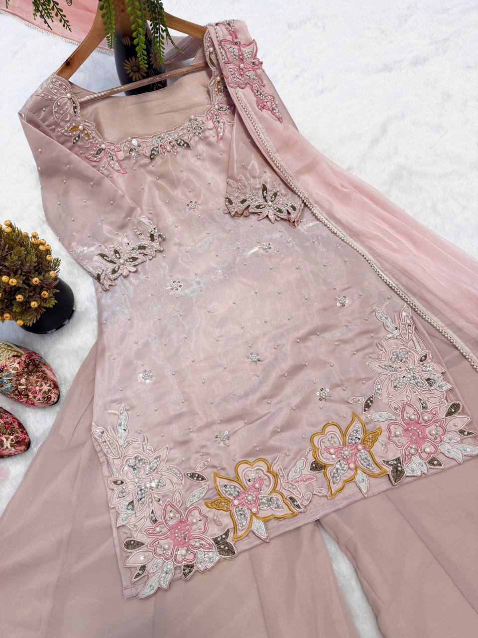 Premium Roman Glass Silk Sharara Suit with Beads & Moti Embroidery