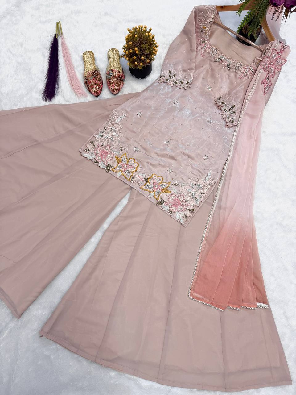 Premium Roman Glass Silk Sharara Suit with Beads & Moti Embroidery