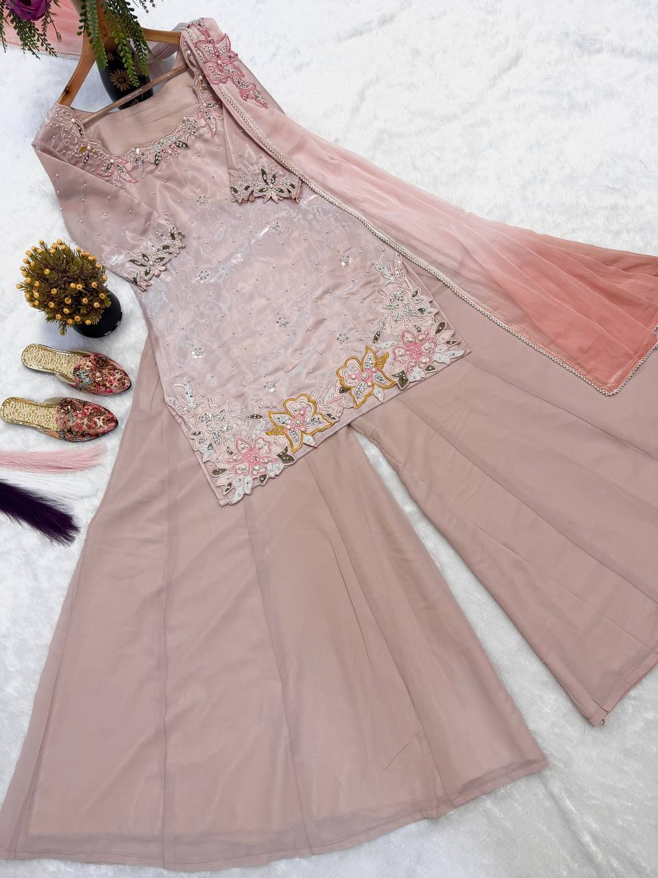 Premium Roman Glass Silk Sharara Suit with Beads & Moti Embroidery