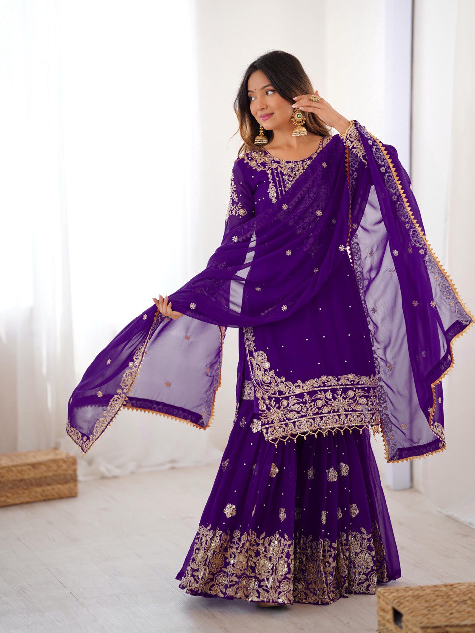 Designer Faux Georgette Top with Sharara & Embroidered Dupatta Set