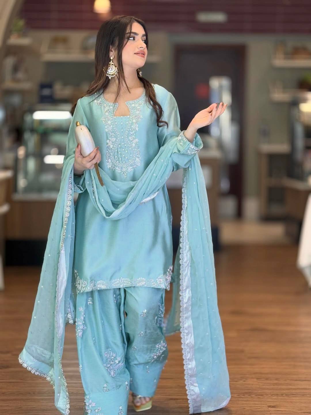 Women's Roman Glass Silk Kurta Farshi Palazzo Set with Organza Dupatta