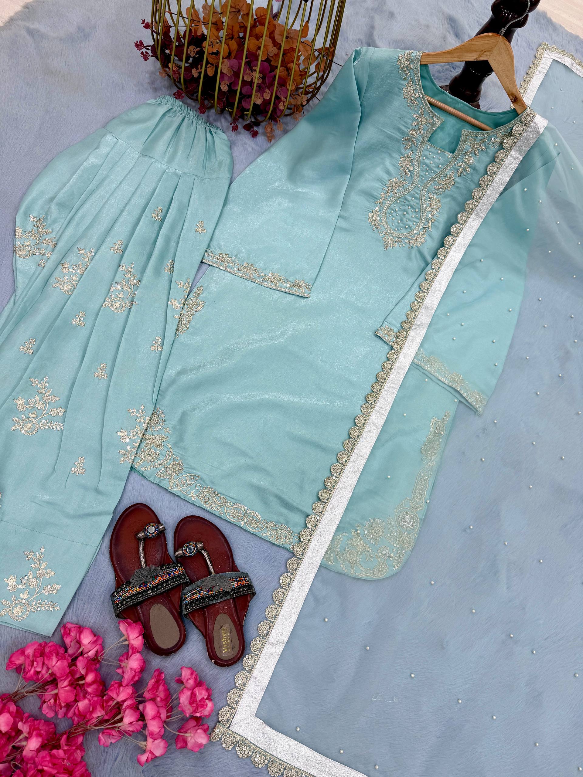 Women's Roman Glass Silk Kurta Farshi Palazzo Set with Organza Dupatta