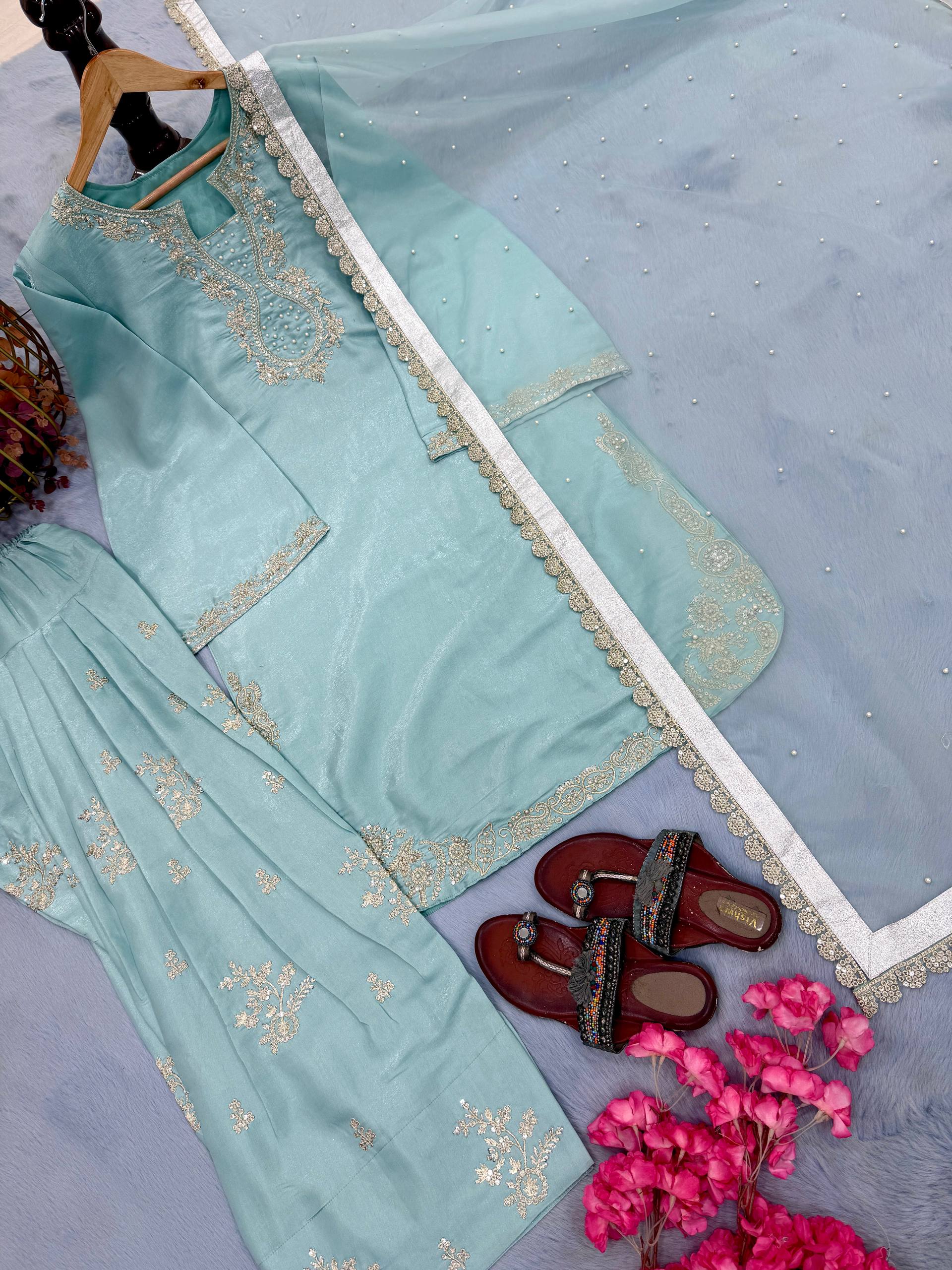 Women's Roman Glass Silk Kurta Farshi Palazzo Set with Organza Dupatta