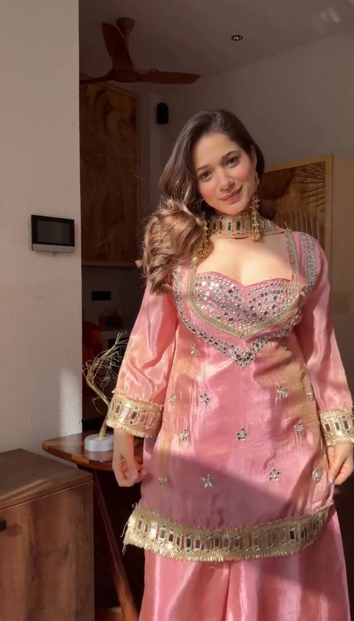 Premium Fendy Silk Mirror Work Top with Sharara Palazzo & Dupatta Set